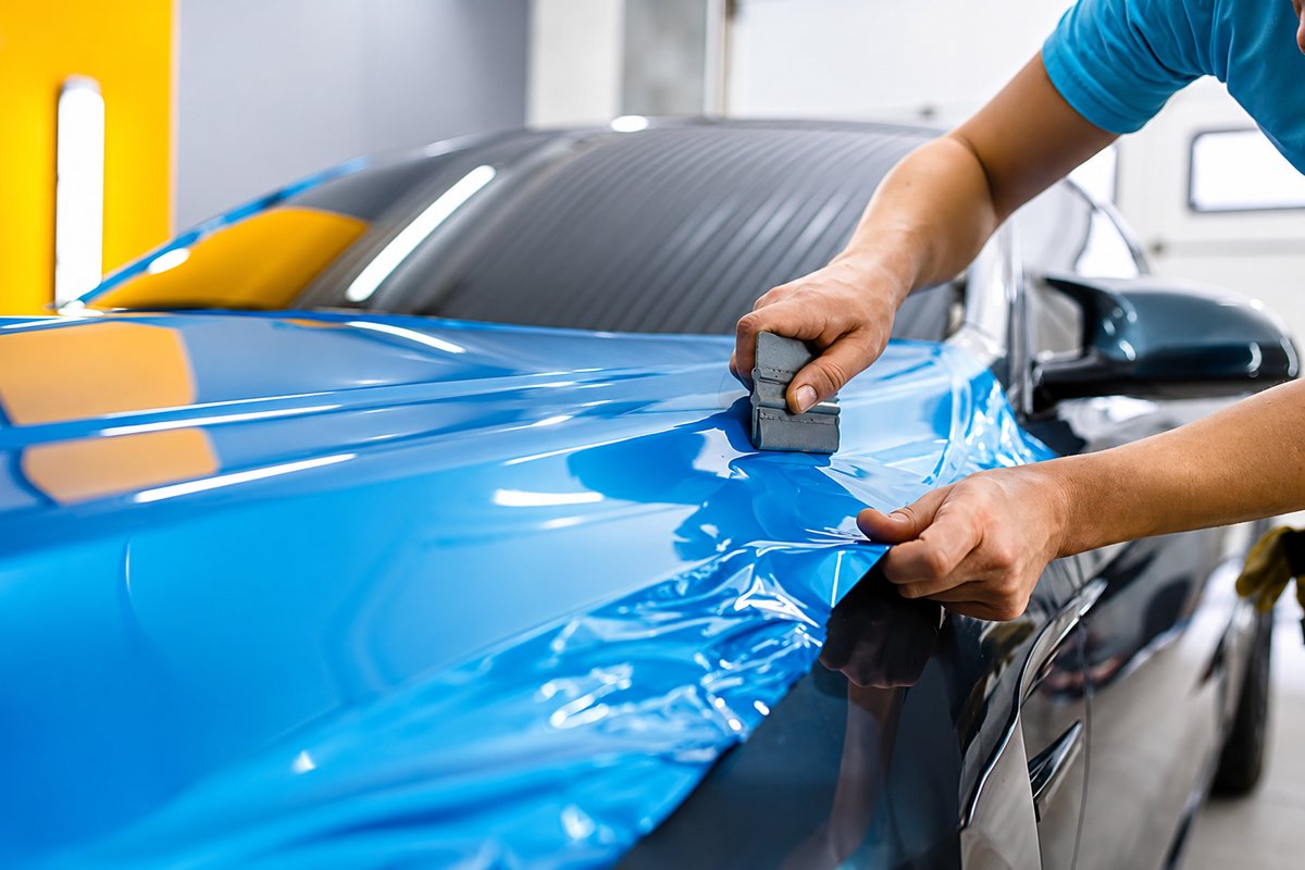 Blue paint protection film being installed on a Porsche